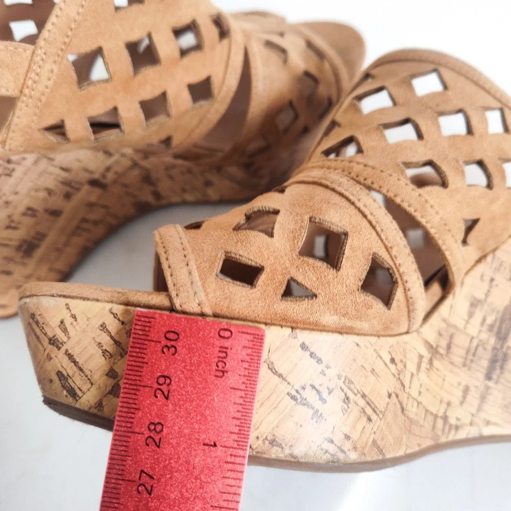 Franco Sarto Sandals Size 9.5 Wedge Platform‎ Shea Tan Faux Suede Laser Cut Cork